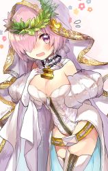 Rule 34 | 1girl, :o, belt, belt buckle, belt skirt, blush, bodysuit, breasts, bridal veil, buckle, chain, cleavage, commentary request, cosplay, cowboy shot, detached collar, detached sleeves, embarrassed, embroidered, embroidery, eyes visible through hair, fate/grand order, fate (series), floral background, flower, flying sweatdrops, from side, full-length zipper, futaro, garter belt, garter straps, gloves, hair ornament, hair over one eye, hand on own chest, highres, lace, large breasts, laurel crown, leaf hair ornament, leaning forward, leotard, lock, long hair, looking at viewer, mash kyrielight, nero claudius (bride) (fate), nero claudius (bride) (third ascension) (fate), nero claudius (fate), nero claudius (fate) (all), nose blush, open mouth, padlock, parted bangs, pink hair, puffy detached sleeves, puffy sleeves, purple eyes, purple hair, raised eyebrows, saber bride, saber bride (cosplay), short hair, showgirl skirt, simple background, skirt, solo, standing, sweat, thighhighs, turtleneck, twitter username, veil, white background, white bodysuit, white gloves, white leotard, white skirt, white thighhighs, zipper