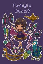 Rule 34 | 1girl, anklet, bird, brown hair, bug, butterfly, cerika, closed mouth, dot mouth, dress, earrings, english text, food, fruit, full body, gem, grapes, highres, hoop earrings, insect, jewelry, oil lamp, original, outline, peacock, purple background, purple dress, purple eyes, solo, sparkle, white outline
