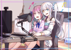 Rule 34 | 2girls, :d, ahoge, bangle, bare shoulders, beamed sixteenth notes, bed, blue bow, blue hair, blurry, blurry background, bow, bracelet, braid, breasts, chair, collared shirt, commentary request, depth of field, desk, eighth note, feet out of frame, guitar, hair between eyes, highres, hololive, indoors, instrument, jewelry, kagura gumi, kagura mea, long hair, long sleeves, medium breasts, microphone, minato aqua, monitor, mouse (computer), mousepad (object), multicolored hair, multiple girls, musical note, on chair, open mouth, pillow, pink eyes, pink hair, pink sweater, shirt, sitting, sitting on lap, sitting on person, smile, streaked hair, sweater, teeth, twin braids, two-tone hair, upper teeth only, very long hair, virtual youtuber, white hair, white shirt, xuu shi times, yuri