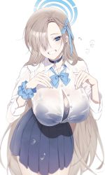 Rule 34 | 1girl, absurdres, asuna (blue archive), black bra, blue archive, blue eyes, blush, bow, bowtie, bra, bra visible through clothes, breasts, button gap, choker, cleavage, collared shirt, dress shirt, grey skirt, grin, hair over one eye, halo, highres, large breasts, light brown hair, long hair, long sleeves, looking at viewer, myao (o3o333), pleated skirt, scrunchie, shirt, skirt, smile, solo, underwear, very long hair, wet, wet clothes, white shirt, wrist scrunchie