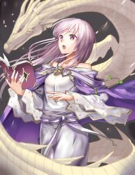 Rule 34 | 1girl, bare shoulders, book, casting spell, circlet, dragon, dress, fire emblem, fire emblem: genealogy of the holy war, highres, holding, holding book, jewelry, julia (fire emblem), long hair, mitsumachi senji, nintendo, open mouth, purple eyes, purple hair, sash, solo, wide sleeves