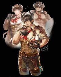Rule 34 | &gt; o, 1boy, abs, anjingkuxiao, ascot, bara, barawa, bare pectorals, belt, black gloves, black hair, brown belt, brown eyes, brown jacket, brown pants, collared shirt, cow boy, cow horns, dated, draph, facial hair, gloves, goatee, granblue fantasy, hat, hat ornament, unworn headwear, highres, horns, jacket, large pectorals, looking at viewer, male focus, muscular, muscular male, nipples, one eye closed, open clothes, open jacket, pants, parted lips, pectorals, petals, pipe in mouth, pointy ears, shirt, short hair, shoulder pads, smile, smoking pipe, solo, teeth, white shirt