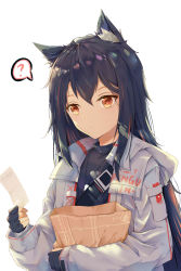 Rule 34 | 1girl, ?, absurdres, animal ear fluff, animal ears, arknights, bag, black gloves, black hair, black shirt, brown eyes, chinese commentary, commentary, fingerless gloves, gloves, hair between eyes, highres, holding, holding bag, jacket, long hair, long sleeves, messy hair, multicolored hair, official alternate costume, paper bag, red hair, shirt, simple background, solo, spoken question mark, streaked hair, texas (arknights), texas (winter messenger) (arknights), upper body, white background, white jacket, wolf ears, yajuu