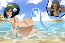Rule 34 | 2girls, absurdres, all fours, anal, avatar: the last airbender, avatar legends, black hair, blind, blue eyes, brown hair, cloud, commission, commissioner upload, green eyes, herchi, highres, katara, multiple girls, outdoors, outstretched arms, partially submerged, petite, tentacles, tongue, tongue out, toph bei fong, water, waterbending