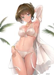 Rule 34 | 1girl, absurdres, armpits, bare shoulders, blue eyes, bra, brown hair, collarbone, commentary request, cowboy shot, fern, green eyes, heterochromia, highres, idolmaster, idolmaster cinderella girls, jewelry, lace, lace-trimmed bra, lace-trimmed panties, lace trim, looking at viewer, mole, mole under eye, navel, necklace, nightgown, off shoulder, panties, pjkka, shiny skin, short hair, smile, solo, takagaki kaede, twitter username, underwear, white background