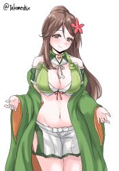 Rule 34 | 1girl, amagi (kancolle), bare shoulders, breasts, brown eyes, brown hair, cleavage, cleavage cutout, clothing cutout, commentary request, detached sleeves, flower, furisode, green thighhighs, hair flower, hair ornament, high ponytail, highres, hip vent, japanese clothes, kantai collection, kimono, large breasts, leaf hair ornament, light smile, long hair, looking at viewer, midriff, miniskirt, mole, mole under eye, navel, one-hour drawing challenge, ponytail, sidelocks, skirt, solo, standing, stomach, takomeshi, thighhighs, twitter username, white background, wide ponytail