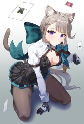 Rule 34 | 1girl, animal ear fluff, animal ears, aqua bow, arm support, black dress, black gloves, bow, breasts, card, cat ears, cat tail, commentary, dress, genshin impact, gloves, gradient background, grey background, grey hair, grey pantyhose, highres, juliet sleeves, kadokadokado, kneeling, long hair, long sleeves, looking at viewer, lynette (genshin impact), medium breasts, microdress, pantyhose, puffy sleeves, purple eyes, shadow, shrug (clothing), solo, tail, thighs, very long hair, white background