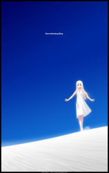 Rule 34 | 1girl, blue eyes, blue sky, blunt bangs, bow, circle name, contrast, day, dress, dust cloud, english text, facing viewer, highres, hime cut, light smile, looking to the side, matsumoto tomoki, original, outdoors, outstretched arms, sand, sand dune, sandals, sky, solo, sundress, walking, watermark, web address, white bow, white dress, white hair, white sand