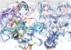 Rule 34 | 1girl, 6+girls, aqua eyes, aqua hair, armpits, blue eyes, blue hair, blush, capelet, dress, green hair, hat, hatsune miku, lily of the valley, long hair, looking at viewer, multiple girls, multiple persona, open mouth, pleated skirt, skirt, smile, snowflake print, snowflakes, snowmi, thighhighs, twintails, vocaloid, witch hat, yuki miku