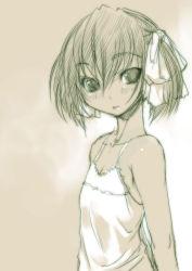 Rule 34 | 1girl, :d, blush, bosshi, camisole, flat chest, gradient background, hair ribbon, monochrome, open mouth, ribbon, short hair, short twintails, sketch, smile, solo, twintails, yu (bosshi)