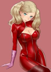 Rule 34 | 10s, 1girl, blonde hair, blue eyes, blush, bodysuit, boots, breasts, cleavage, earrings, gloves, highres, jewelry, latex, latex suit, long hair, looking at viewer, medium breasts, monotiina, persona, persona 5, pink background, pink gloves, red thighhighs, simple background, solo, sweatdrop, takamaki anne, thigh boots, thighhighs, twintails