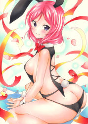 Rule 34 | 10s, 1girl, animal ears, ass, black panties, blush, bow, bowtie, breasts, butt crack, checkered floor, closed mouth, commentary request, covered erect nipples, highres, looking at viewer, love live!, love live! school idol project, marker (medium), medium breasts, nishikino maki, panties, petals, purple eyes, rabbit ears, rabbit tail, red bow, red bowtie, red hair, ribbon, saya pr, short hair, sideboob, sitting, smile, solo, tail, traditional media, underwear