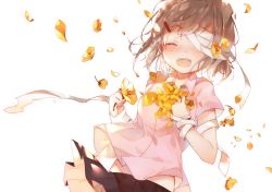 Rule 34 | 1girl, :d, ^ ^, amafuyu, bad id, bad pixiv id, bandage over one eye, black skirt, blush, brown hair, closed eyes, collared shirt, commentary request, facing viewer, flower, hair flower, hair ornament, hairclip, holding, holding flower, open mouth, original, petals, pink shirt, pleated skirt, shirt, short sleeves, simple background, skirt, smile, solo, tears, teeth, upper teeth only, white background, yellow flower