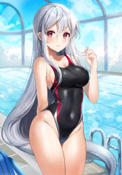 Rule 34 | 1girl, arknights, bare arms, bare shoulders, black one-piece swimsuit, blush, breasts, cleavage, collarbone, competition swimsuit, covered navel, cowboy shot, day, foka (beginner), groin, hair between eyes, hand up, highleg, highleg swimsuit, highres, impossible clothes, impossible swimsuit, indoors, long hair, looking at viewer, medium breasts, one-piece swimsuit, pool, red eyes, sidelocks, silver hair, skadi (arknights), smile, solo, standing, sunlight, swimsuit, thighs, very long hair, water, wet