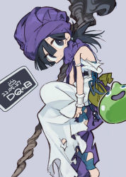 Rule 34 | 1boy, amiami, armlet, bandaged foot, bandages, belt pouch, black hair, blue eyes, bracelet, creature, dated, dragon quest, grey background, grey eyes, hair between eyes, highres, jewelry, long hair, male focus, no shoes, ponytail, pouch, simple background, slime (creature), staff, torn, torn clothes
