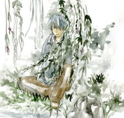 Rule 34 | 1boy, barefoot, ginko, hair over one eye, looking at viewer, male focus, mushishi, nature, short hair, grey eyes, silver hair, solo