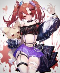 Rule 34 | 1girl, :p, ayahi 4, bare shoulders, black choker, bow, breasts, candy, chain, choker, commentary, crop top, earrings, english text, food, hair ornament, hair scrunchie, hairclip, heart, hecatia lapislazuli, highres, jacket, jewelry, lollipop, long sleeves, looking at viewer, midriff, miniskirt, off shoulder, one eye closed, open clothes, open jacket, red eyes, red hair, scrunchie, simple background, skirt, small breasts, smile, solo, stomach, stuffed animal, stuffed toy, tongue, tongue out, touhou, twintails, yellow bow