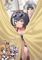 Rule 34 | 3girls, animal ear fluff, animal ears, bad id, bad weibo id, bikini, black hair, boots, breasts, cat ears, cat tail, censored, clothing cutout, collarbone, eyebrows hidden by hair, fang, fitting room, green eyes, highres, indoors, karyl (princess connect!), karyl (summer) (princess connect!), kokkoro (princess connect!), kokkoro (summer) (princess connect!), leaning forward, long hair, looking at viewer, low twintails, mirror, multicolored hair, multiple girls, novelty censor, parted lips, pecorine (princess connect!), pecorine (summer) (princess connect!), princess connect!, redauto, reflection, shorts, skin fang, small breasts, solo focus, streaked hair, sweatdrop, swimsuit, tail, tail through clothes, thigh strap, twintails, unworn shorts, very long hair, wooden floor