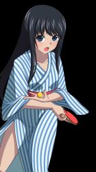 Rule 34 | 10s, 1girl, ball, black hair, blue eyes, collarbone, holding, japanese clothes, kimono, long hair, looking at viewer, minamiya natsuki, open mouth, paddle, solo, standing, strike the blood, striped clothes, striped kimono, table tennis ball, table tennis paddle, transparent background, yukata