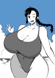 Rule 34 | 1girl, beach, blue sky, breasts, cleavage, cloud, collarbone, cowboy shot, eyelashes, highleg, highleg swimsuit, highres, huge breasts, looking at viewer, momijizx, monochrome, one-piece swimsuit, one eye closed, open mouth, ponytail, salute, sidelocks, sky, solo, spot color, standing, swimsuit, taut clothes, taut swimsuit, teeth, thick thighs, thighs, upper teeth only, walking, water, white background, wide hips, wink