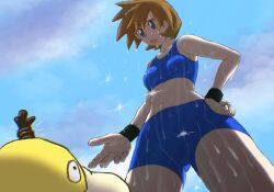 Rule 34 | 1girl, blue eyes, blue sky, collarbone, cowboy shot, creatures (company), from below, game freak, gen 1 pokemon, hand on own hip, highres, kaeru boiler, light brown hair, looking at another, midriff, misty (pokemon), navel, nintendo, open mouth, pokemon, pokemon (creature), pokemon frlg, pokemon hgss, psyduck, sky, sparkle, standing, wet, wristband