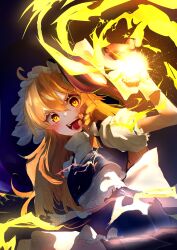 Rule 34 | 1girl, :d, absurdres, back bow, black skirt, black vest, blonde hair, blush, bow, braid, casting spell, commentary request, cowboy shot, fighting stance, frilled skirt, frills, hair between eyes, hair bow, hand up, highres, kirisame marisa, light particles, long hair, looking at viewer, magic, mukuro669966, open mouth, puffy short sleeves, puffy sleeves, shirt, short sleeves, single braid, skirt, smile, solo, star (symbol), teeth, touhou, v-shaped eyebrows, vest, white bow, white shirt, white wrist cuffs, wide-eyed, wrist cuffs, yellow eyes