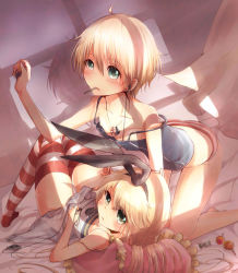 Rule 34 | 10s, 2girls, adapted costume, all fours, aqua eyes, artist request, bare legs, blonde hair, blush, candy, digital media player, earbuds, earphones, food, hairband, jewelry, kantai collection, knees together feet apart, lollipop, long hair, looking at viewer, lying, mouth hold, multiple girls, nano (cherry line), necklace, on back, panties, pantyhose, pillow, pout, shimakaze (kancolle), short hair, strap slip, striped clothes, striped legwear, striped panties, striped thighhighs, tank top, thighhighs, underwear, window shadow, z1 leberecht maass (kancolle)