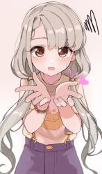 Rule 34 | 1girl, blush, braid, braided bun, brown background, brown shirt, collarbone, commentary request, eyebrows hidden by hair, grey hair, hair bun, hair over shoulder, hands up, hisakawa nagi, idolmaster, idolmaster cinderella girls, idolmaster cinderella girls starlight stage, long hair, looking at viewer, low twintails, open mouth, purple skirt, shirt, shiwa (siwaa0419), short sleeves, simple background, skirt, solo, squiggle, suspender skirt, suspenders, sweat, twintails, very long hair