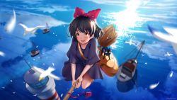 Rule 34 | 1girl, :d, absurdres, bag, between breasts, bird, black cat, black dress, black hair, blurry, blurry foreground, boat, botttomtext, bow, breasts, broom, broom riding, brown bag, cat, collarbone, dress, feathers, flying, hair between eyes, hair ornament, highres, jiji (majo no takkyuubin), kiki (majo no takkyuubin), majo no takkyuubin, no socks, ocean, open mouth, red bow, reflection, reflective water, shoulder bag, smile, solo, studio ghibli, teeth, tower, upper teeth only, watercraft, witch, yellow eyes