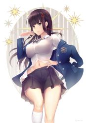 Rule 34 | 10s, 1girl, black hair, blunt bangs, blush, breasts, green eyes, hair ornament, highres, large breasts, lips, long hair, looking at viewer, midriff, mozuyun, navel, persona, persona 5, school uniform, simple background, skirt, smile, sock, solo, thighs, tougou hifumi