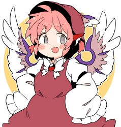 Rule 34 | 1girl, animal ears, bird ears, bird wings, blush, brown dress, brown hat, collared shirt, dress, earrings, fang, frilled sleeves, frills, grey eyes, hat, ini (inunabe00), jewelry, mystia lorelei, open mouth, pink hair, shirt, short hair, single earring, skin fang, sleeves past fingers, sleeves past wrists, smile, solo, touhou, upper body, white shirt, white wings, wide sleeves, winged hat, wings