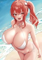 Rule 34 | 1girl, absurdres, azur lane, beach, bikini, blush, bow, breasts, cleavage, collarbone, cowboy shot, from above, hair bow, highres, honolulu (azur lane), huge breasts, long hair, looking at viewer, masaki nanaya, navel, open mouth, outdoors, red eyes, red hair, side ponytail, sideboob, solo, swimsuit, water, white bikini, white bow