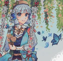 Rule 34 | 1girl, a.k arts, ayaka (genshin impact), blue bow, blue butterfly, blue dress, blue eyes, blue hair, bow, brown flower, brown hat, bug, butterfly, commentary, dress, english commentary, flower, genshin impact, hair bow, hat, holding, holding flower, insect, kamisato ayaka, kamisato ayaka (springbloom missive), looking at viewer, lowres, official alternate costume, pink flower, pixel art, plant, red bow, sitting, smile, solo, tulip