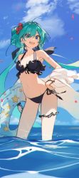 Rule 34 | 1girl, aqua hair, armpit crease, arms at sides, bikini, black bikini, black scrunchie, blue eyes, blue sky, bracelet, breasts, caustics, clenched hand, cloud, cloudy sky, collarbone, contrapposto, crescent print, day, earrings, eyelashes, flower, foam, frilled bikini, frills, front-tie bikini top, front-tie top, glint, groin, hair between eyes, hair flower, hair ornament, halterneck, hanamoto410, hand on own hip, hatsune miku, highres, holding, holding swim ring, innertube, jewelry, legs apart, long hair, looking at viewer, navel, number tattoo, open mouth, outdoors, petals, red flower, scrunchie, shoulder tattoo, side-tie bikini bottom, sidelighting, sky, small breasts, solo, standing, star (symbol), star earrings, star print, sunlight, swim ring, swimsuit, tattoo, teeth, thigh scrunchie, upper teeth only, very long hair, vocaloid, wading, water, waves