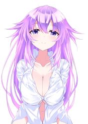 Rule 34 | 1girl, adult neptune, blush, bottomless, breasts, cleavage, commentary request, groin, hair between eyes, highres, large breasts, long hair, looking at viewer, midriff, naked shirt, navel, neptune (series), nijihasisiduki, no bra, no hairclip, no panties, own hands together, partially unbuttoned, purple eyes, purple hair, shin jigen game neptune vii, shirt, simple background, smile, solo, very long hair, white background, white shirt