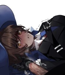 Rule 34 | 1boy, 1girl, black coat, black gloves, blood, blood on clothes, blood on face, blue necktie, blush, brown eyes, brown hair, censored, coat, collared shirt, dark-skinned female, dark skin, gloved handjob, gloves, handjob, hetero, limbus company, looking at viewer, mosaic censoring, necktie, outis (project moon), penis, project moon, shirt, short hair, simple background, solo focus, veins, veiny penis, white background, white shirt, yippee