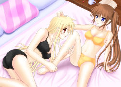 Rule 34 | 00s, 10s, 2girls, barefoot, bed, blonde hair, blue eyes, blush, book, bra, breasts, brown hair, cameltoe, cleavage, couple, cup, fate testarossa, feet, hand on another&#039;s head, hands on feet, long hair, looking at another, lyrical nanoha, mahou senki lyrical nanoha force, mahou shoujo lyrical nanoha, mahou shoujo lyrical nanoha strikers, mahou shoujo lyrical nanoha vivid, mug, multiple girls, panties, red eyes, sitting, smile, sooichi (diabolicemission), takamachi nanoha, tongue, underwear, very long hair, yuri