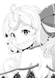 Rule 34 | 1girl, absurdres, ahoge, back, backless outfit, bare shoulders, bow, crystal, fangs, female focus, flandre scarlet, from behind, greyscale, grin, hair bow, halterneck, hand up, highres, koujouchou, long hair, looking at viewer, looking back, monochrome, shoulder blades, side ponytail, smile, solo, touhou, upper body, wings