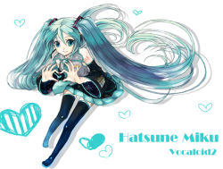 Rule 34 | blue eyes, blue hair, boots, detached sleeves, hatsune miku, heart, heart hands, hisa, long hair, thigh boots, thighhighs, twintails, very long hair, vocaloid