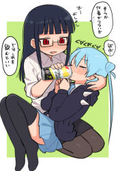 Rule 34 | 2girls, adult baby, black hoodie, black pantyhose, black skirt, black thighhighs, blue hair, blue necktie, blue skirt, blunt bangs, blush, border, can, closed eyes, collared shirt, commentary request, cone hair bun, death merumeru, double bun, dress shirt, drinking, drunk, fang, feeding, full body, furrowed brow, glasses, green background, hair bun, holding, holding can, hood, hood down, hoodie, long hair, looking at another, meis (terameisu), miniskirt, multiple girls, necktie, nose blush, open clothes, open hoodie, outside border, pantyhose, pencil skirt, pleated skirt, reclining, red eyes, seiza, shinigami dot com, shirt, shoulder spikes, simple background, sitting, skirt, sleeves rolled up, smile, speech bubble, spikes, strong zero, tearing up, thighhighs, toukyou tama, translation request, twintails, white border, white shirt