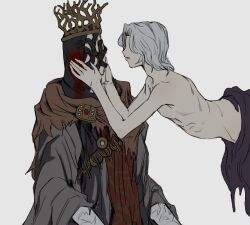 Rule 34 | 2boys, aldrich devourer of gods, brown cape, cape, crown, dark souls (series), dark souls iii, dark sun gwyndolin, facing another, from side, grey hair, grey robe, hands on another&#039;s cheeks, hands on another&#039;s face, highres, hood, hood up, male focus, multiple boys, pontiff sulyvahn, profile, robe, short hair, simple background, slime (substance), topless male, torn cape, torn clothes, upper body, white background, zunkome