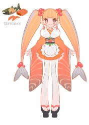 Rule 34 | 1girl, absurdres, blunt bangs, blush stickers, earrings, fins, food-themed clothes, full body, fur collar, gaogao (gaogaomegu), geta, hair ornament, head fins, highres, japanese clothes, jewelry, kimono, long hair, long sleeves, looking at viewer, nail polish, obi, original, pantyhose, personification, pink eyes, salmon, salmon (fish), sash, short kimono, smile, solo, tengu-geta, twintails, very long hair, wide sleeves