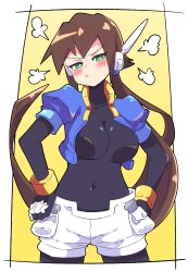 Rule 34 | 1girl, absurdres, aile (mega man zx), angry, black bodysuit, blush, bodysuit, breasts, brown hair, buzzlyears, covered navel, cropped jacket, female focus, green eyes, heart, highres, jacket, large breasts, long hair, mega man (series), mega man zx, mega man zx advent, open clothes, open jacket, ponytail, pout, robot ears, shorts, skin tight