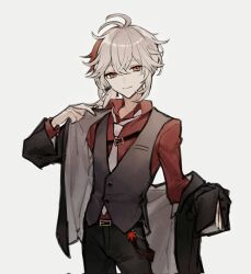 Rule 34 | 1boy, aimieria, alternate costume, black jacket, black pants, black vest, closed mouth, collared shirt, corrupted twitter file, genshin impact, grey background, grey hair, hair between eyes, highres, jacket, kaedehara kazuha, long sleeves, male focus, multicolored hair, necktie, open clothes, open jacket, pants, ponytail, red eyes, red hair, red shirt, shirt, simple background, solo, streaked hair, vest, white necktie