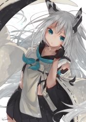 Rule 34 | 1girl, azur lane, black gloves, black skirt, blue eyes, blue neckerchief, blush, closed mouth, commentary request, gloves, hair between eyes, half gloves, karinto yamada, kawakaze (azur lane), leaning to the side, long hair, long sleeves, looking at viewer, neckerchief, pleated skirt, ribbon-trimmed sleeves, ribbon trim, signature, silver hair, simple background, skirt, solo, very long hair, white background, wide sleeves