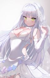 Rule 34 | 1girl, bad id, bad pixiv id, bare shoulders, blush, breasts, bridal veil, cleavage, clming, closed mouth, detached sleeves, dress, facial mark, girls&#039; frontline, green eyes, hair ornament, highres, hk416 (girls&#039; frontline), hk416 (moonlit devotion) (girls&#039; frontline), long hair, looking at viewer, silver hair, solo, veil, wedding dress, white dress