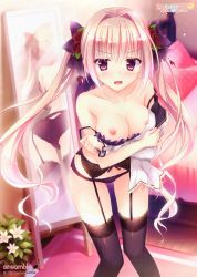 Rule 34 | 1girl, absurdres, bed, black bow, black bra, black panties, black thighhighs, blonde hair, bow, bra, breasts, collarbone, fang, flower, garter belt, hair bow, hair flower, hair ornament, highres, hiiragi mio, huge filesize, kimishima ao, koi suru kimochi no kasanekata, large breasts, long hair, looking at viewer, mirror, nipples, open clothes, open mouth, open shirt, panties, pillow, purple eyes, red flower, shirt, solo, thighhighs, twintails, underwear, undressing, very long hair, white shirt