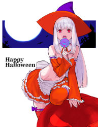 Rule 34 | 1girl, apron, bare shoulders, breasts, candy, capcom fighting jam, cleavage, detached sleeves, food, full body, halloween, hat, highres, ingrid (capcom), lollipop, long hair, looking at viewer, midriff, navel, red eyes, red thighhighs, silver hair, sleeves past wrists, solo, standing, standing on one leg, teeth, tetsu (kimuchi), thighhighs, witch hat