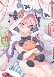 Rule 34 | 1girl, absurdres, animal ears, atagumo yuba, bad id, bad pixiv id, black bow, blush, bow, box, capelet, commentary request, fake animal ears, gift, gift box, highres, holding, holding stuffed toy, hood, hoodie, long hair, looking at viewer, one-piece swimsuit, original, pink hair, polka dot, polka dot bow, rabbit ears, sitting, socks, solo, striped clothes, striped socks, stuffed animal, stuffed toy, swimsuit, teddy bear, thighs, twintails, very long hair, wariza, white capelet, white hood, white hoodie, white one-piece swimsuit, yellow eyes
