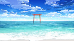 Rule 34 | beach, blue sky, cloud, day, game cg, ginka, kuro-kun (nablack), multiple torii, no humans, ocean, official art, outdoors, scenery, sky, torii